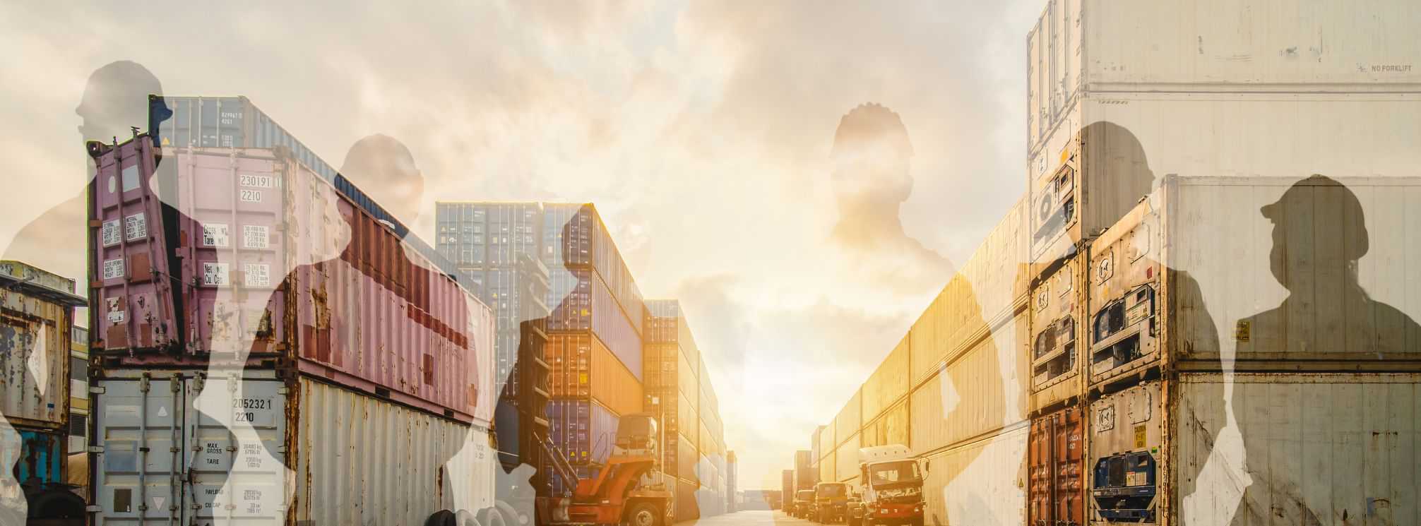 shipping container yard with the shadow outlines of frontline logistics employees overlaid on the image.