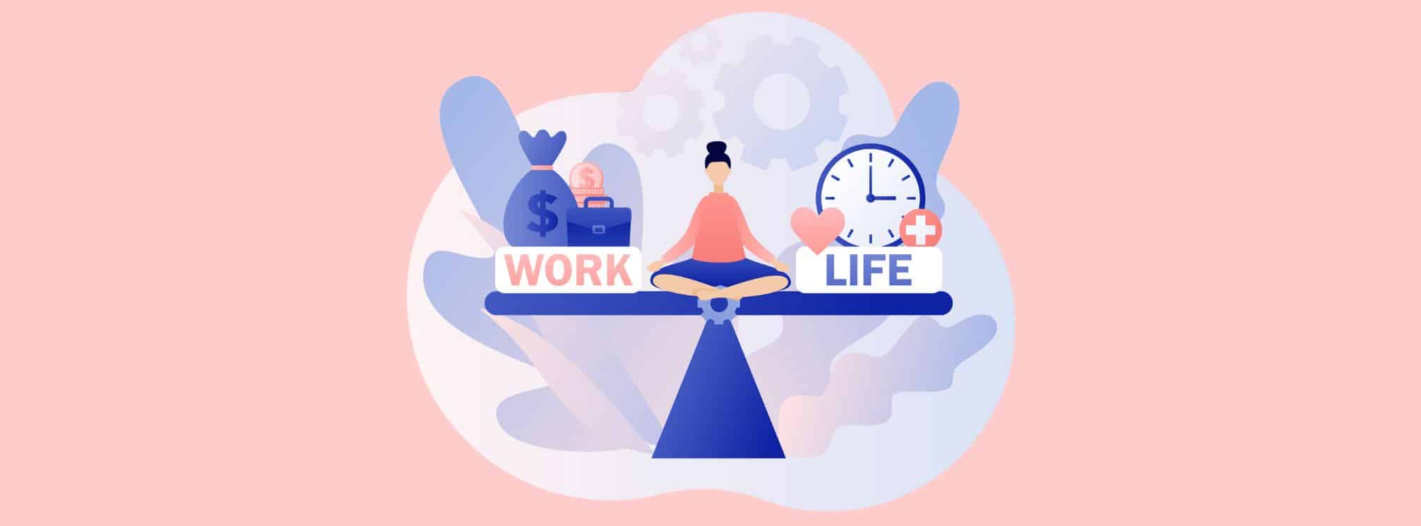 flat art illustration of a person sitting in the middle of a scale, balancing work and life, to represent work-life balance.