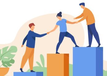 Flat art illustration to represent employee advocacy. Three employees standing on blocks of different heights helping each other.