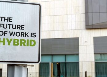 sign in a city that says "the future of work is hybrid"