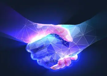 3D render of two hands shaking, illuminating the purple, pink, and blue colors