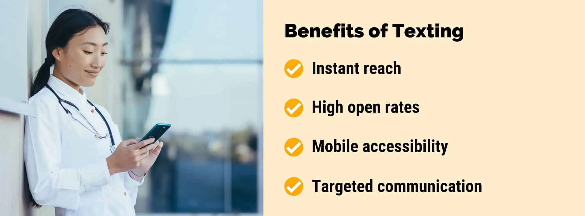 graphic that lists out the 4 benefits of a text alert system for employees with an image of a doctor checking texts on her phone on a break