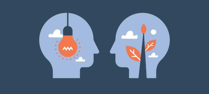 flat-art illustration of two head silhouettes facing each other. In the left head is a lit lightbulb. In the right head is a tree growing.