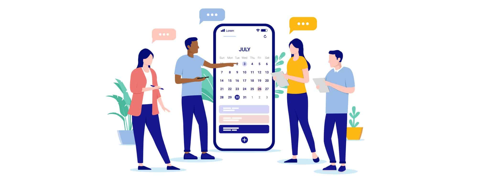 flat art illustration of four employees standing around a giant smartphone with a calendar screen from an employee app on it