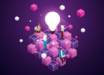 vivid graphic representation of internal comms channels. Lightbulb hovering over a dynamic matrix of cubes with employees using comms technology on different parts of the cube structure