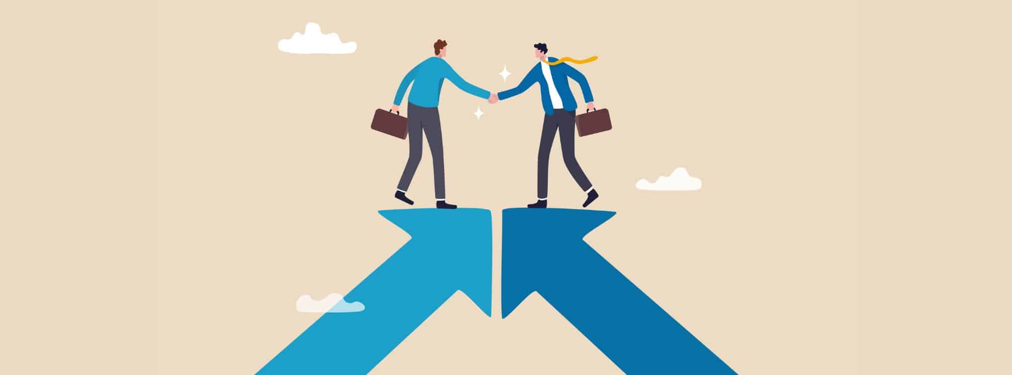 merger and acquisition flat art illustration. Two arrows coming together with illustration of two professionals standing on the arrows and shaking hands. 