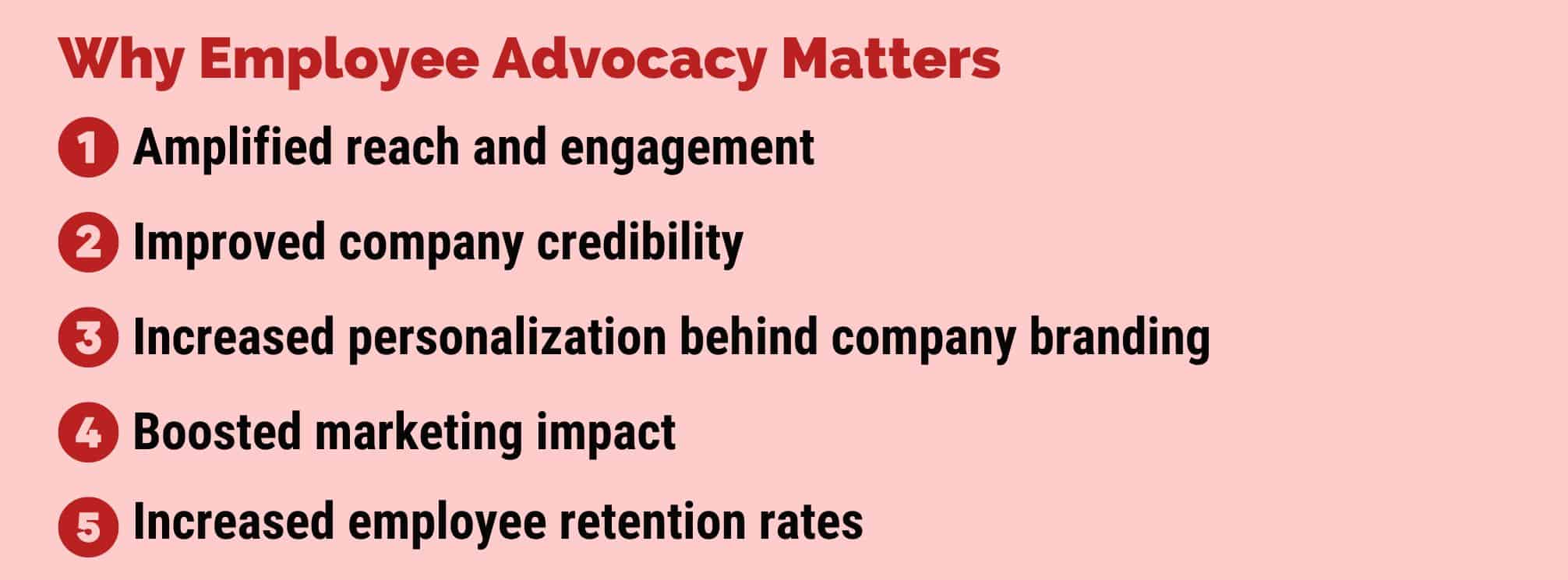 text-based graphic that says "why employee advocacy matters" and lists the 5 points from the blog