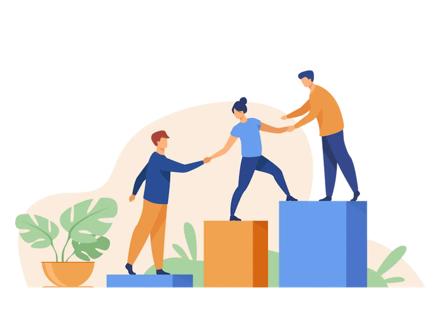 Flat art illustration of three people on platforms of different heights, helping one another climb to the highest platform.