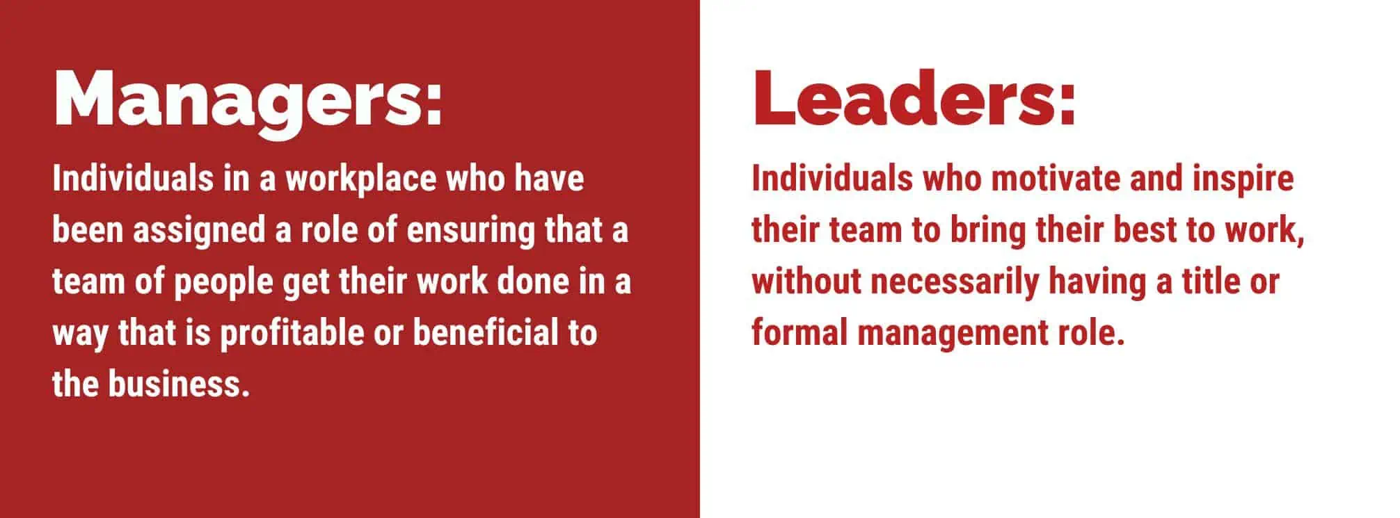 text-based graphic with definitions that show the difference between managers and leaders