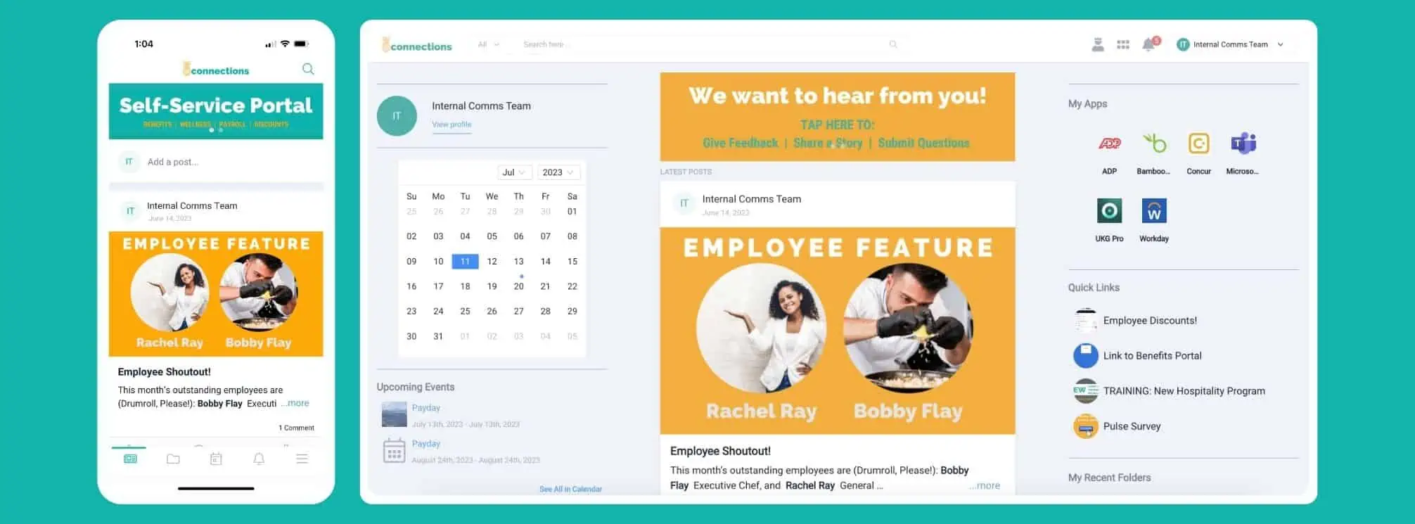 Example of theEMPLOYEEapp's mobile app and intranet, which are two types of internal communication channel