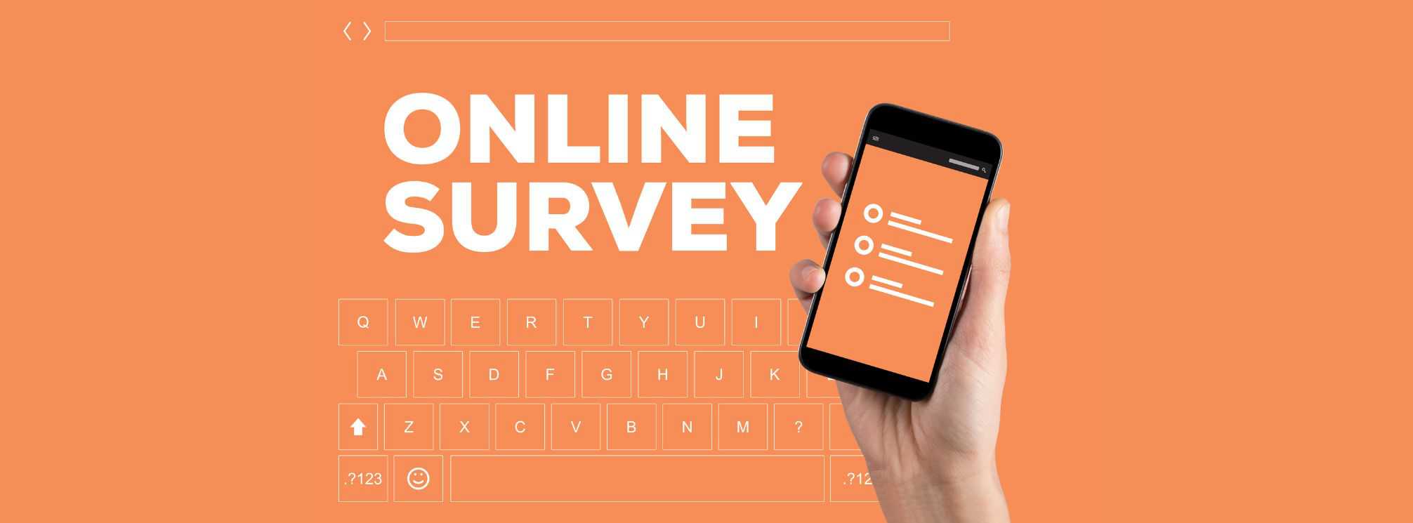 orange graphic with a person holding up their phone with a pulse survey on it. The words "online survey" are on the backdrop of the image.