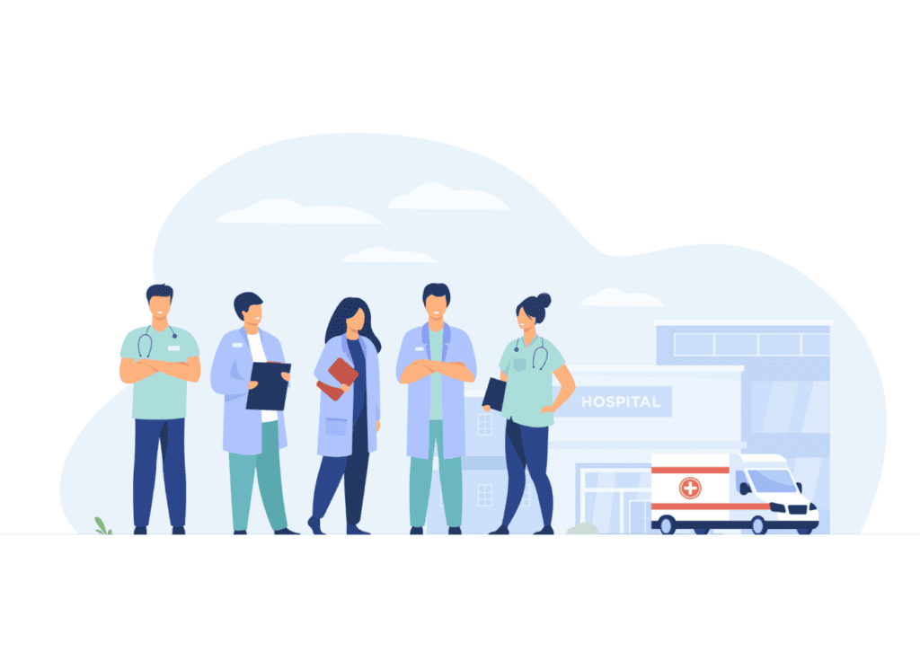 Flat art illustration of five hospital employees, including doctors and nurses, standing outside of a hospital with an ambulance out front.