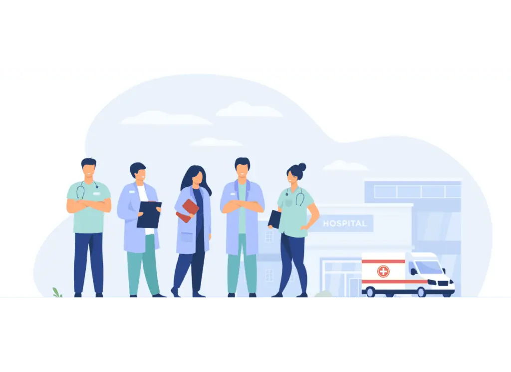 Flat art illustration of five hospital employees, including doctors and nurses, standing outside of a hospital with an ambulance out front.