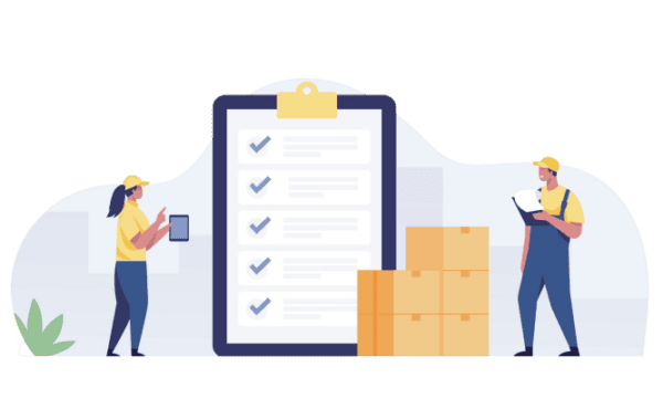 Flat art illustration of two manufacturing workers next to a very large clipboard with a checklist on it and a stack of boxes.