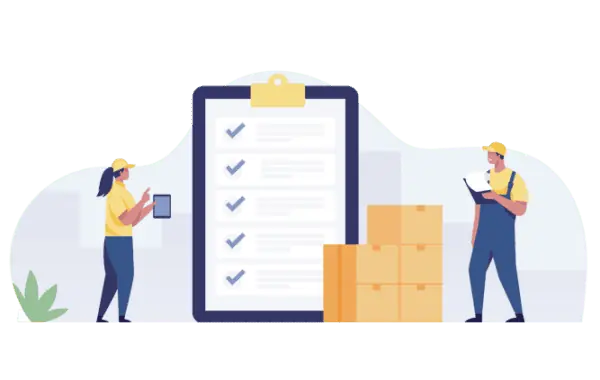 Flat art illustration of two manufacturing workers next to a very large clipboard with a checklist on it and a stack of boxes.