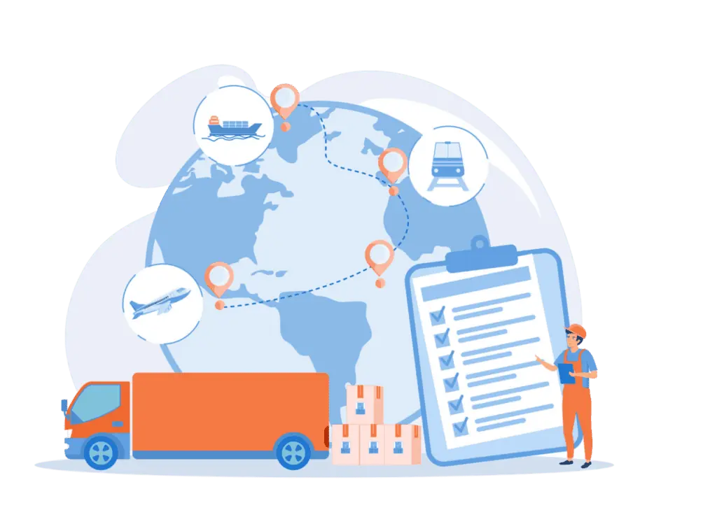 Flat art illustration representing logistics plane, train, truck, and boat travel.