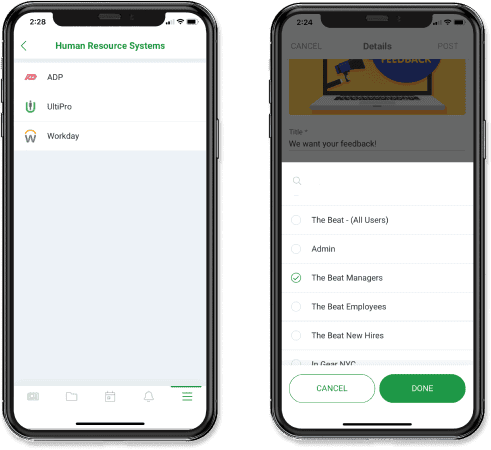 theEMPLOYEEapp's employee app for internal communication. Two different phones one with HRIS integrations on it and the other showing how to target content to employee groups.