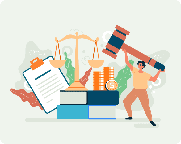 Flat art illustration of a government employee holding a large gavel, with a scale, a clipboard, stacks of coins, and stacks of books.