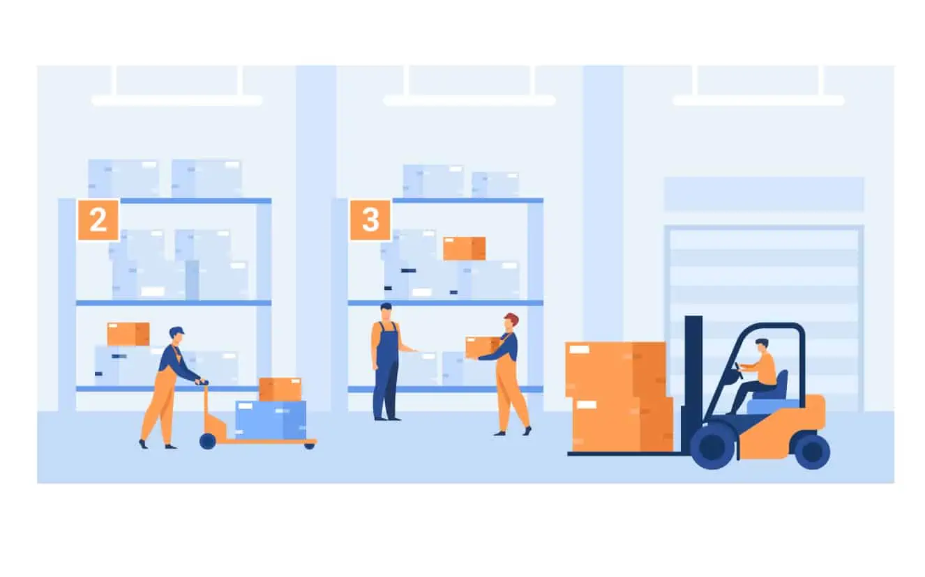 Flat art illustration of a logistics warehouse with four employees inside it.