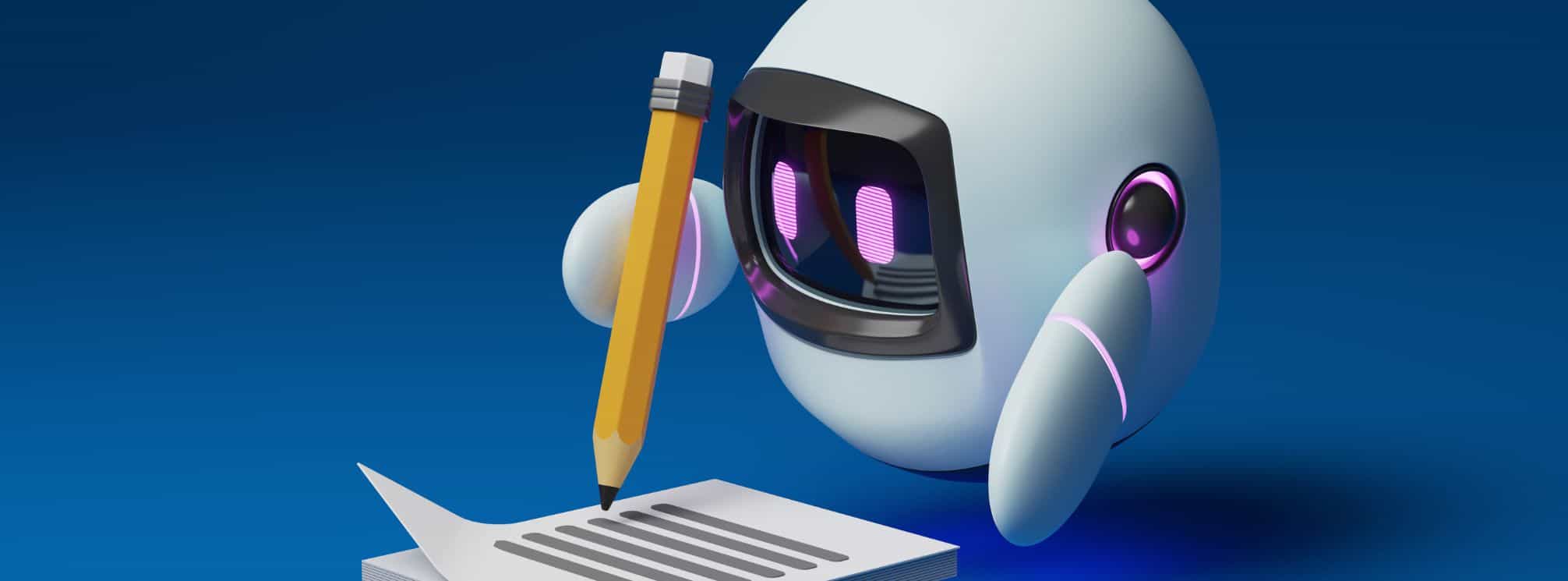 Cute little robot writing with a pencil. 3D render illustration.