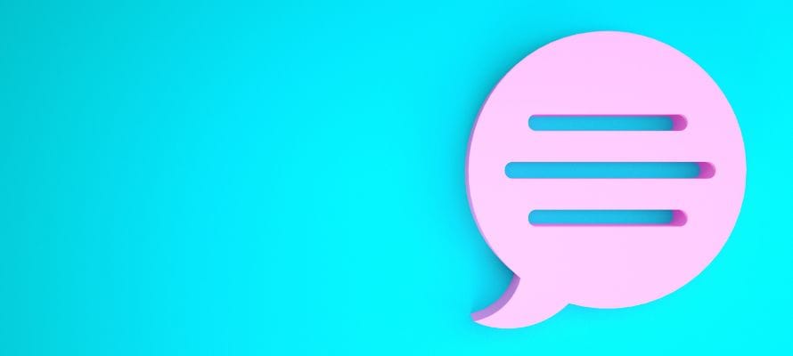 Neon pink speech bubbles on a bright blue background.