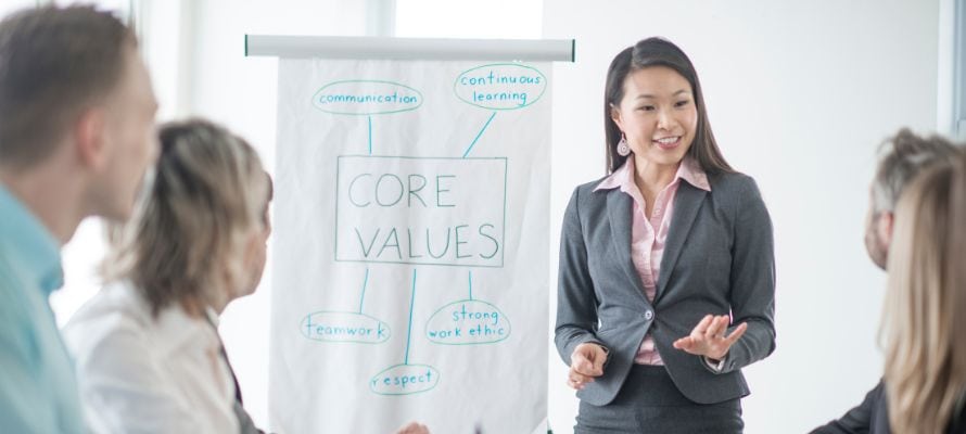 Woman leading a business meeting where everyone is brainstorming a list of company core values.